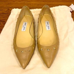 SOLD- Jimmy Choo tan leather flats with gold star detailing, size 7